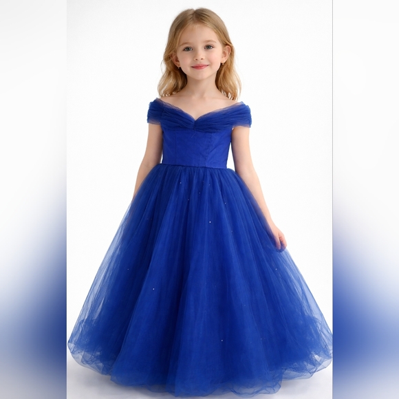 Other - Royal Blue Tulle Party Dress Size 6–7Y Elegant Off-Shoulder Flower Girl Gown